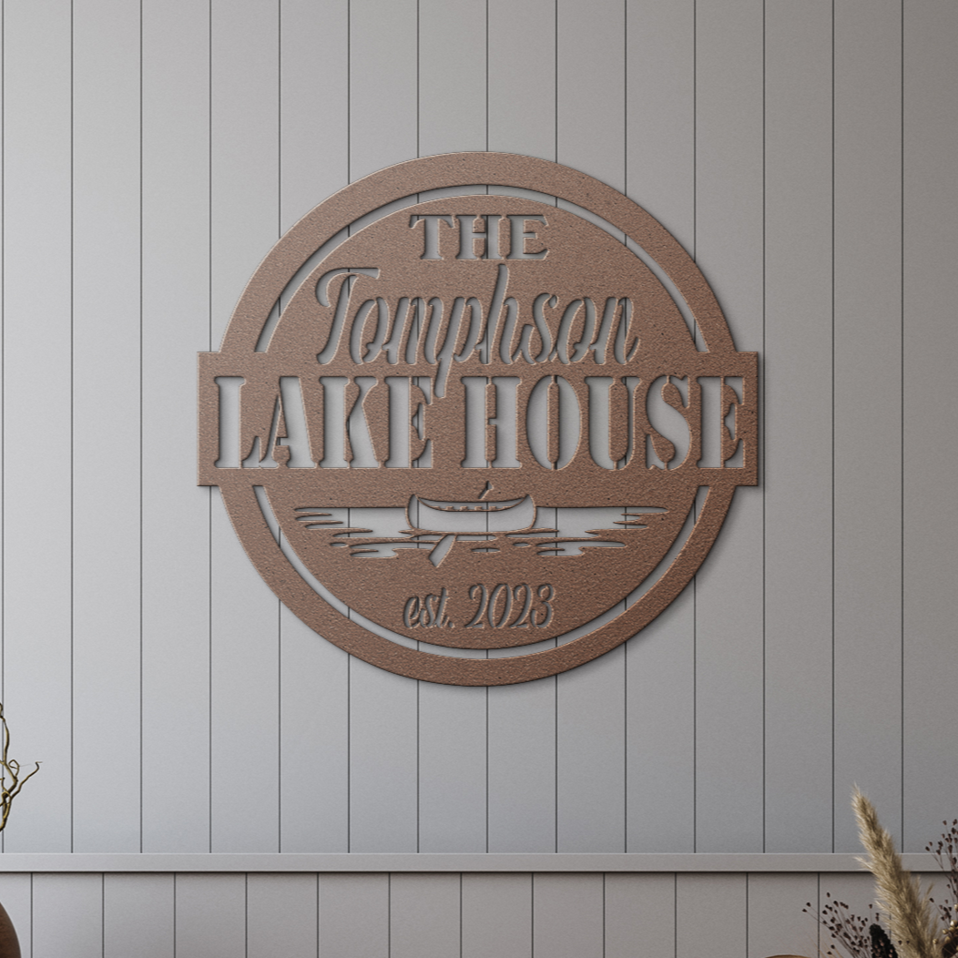 Personalized Metal Lake House Sign - Round Sign with Boat