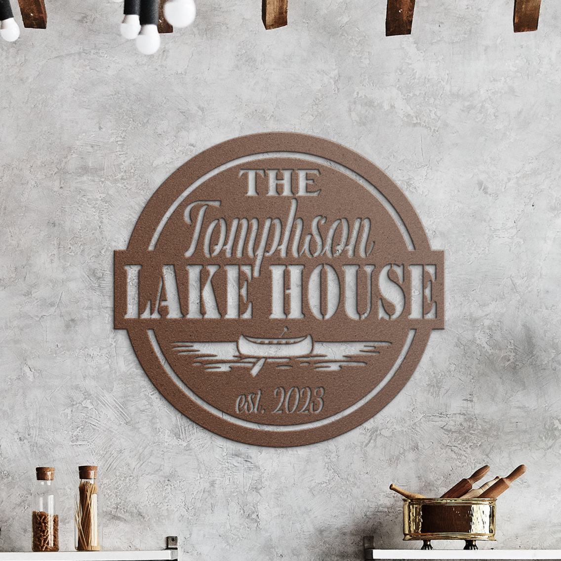 Personalized Metal Lake House Sign - Round Sign with Boat