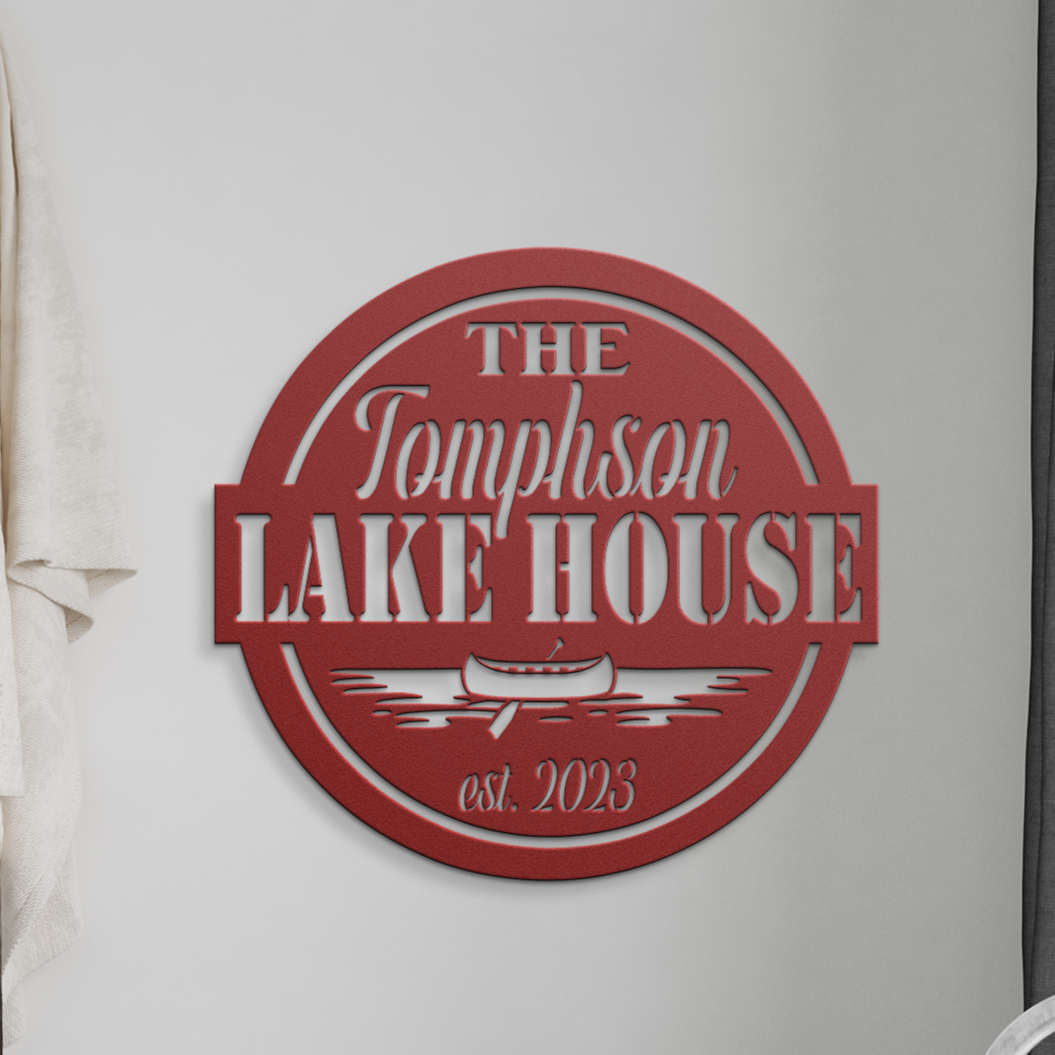 Personalized Metal Lake House Sign - Round Sign with Boat