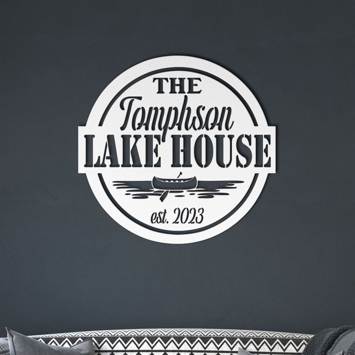 Personalized Metal Lake House Sign - Round Sign with Boat