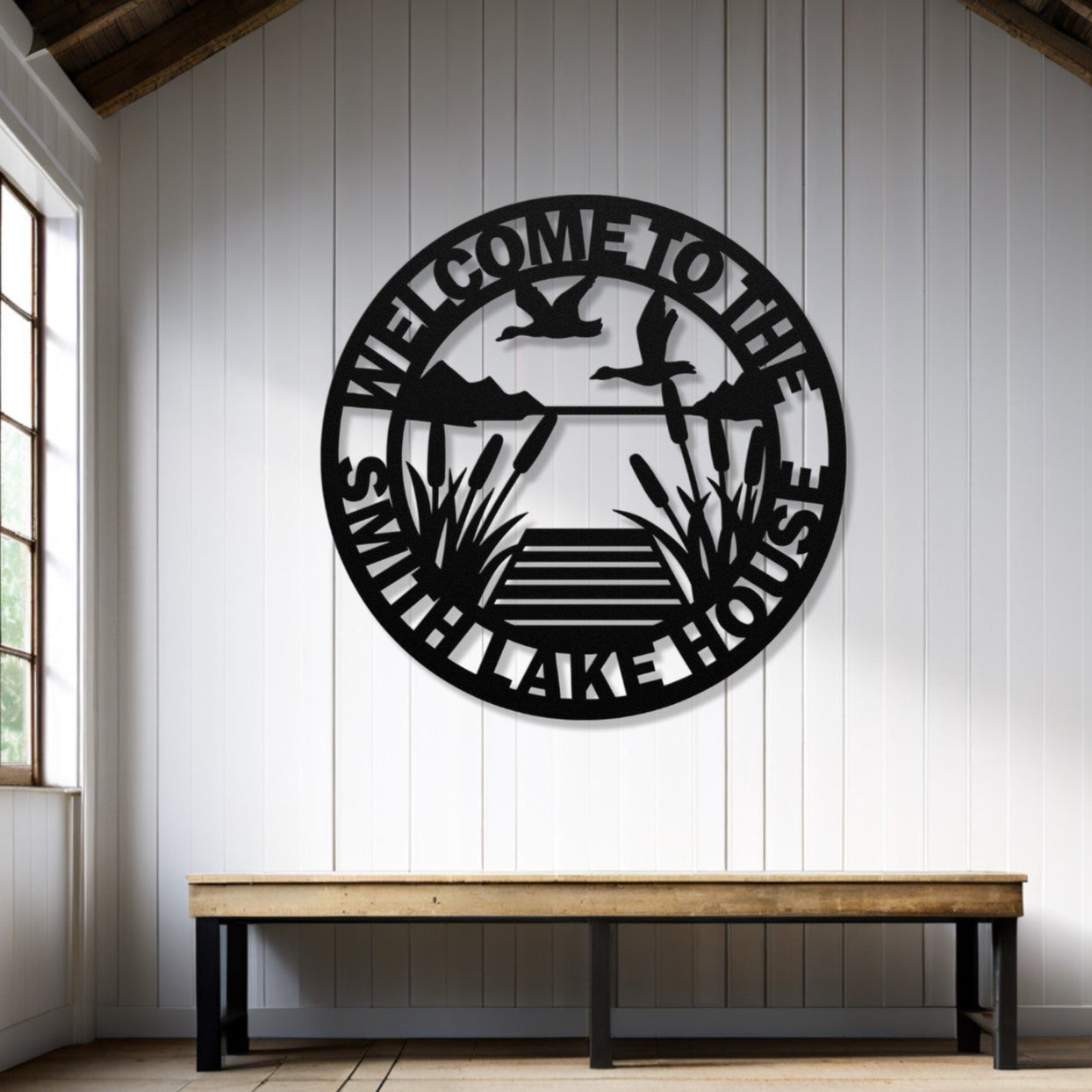 Personalized Metal Lake House Sign - Reeds and Ducks