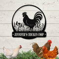 Personalized Metal Chicken Coop Sign - Rooster and Wild Flowers