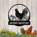 Personalized Metal Chicken Coop Sign - Rooster and Wild Flowers