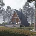 A-frame cabin in a forest setting with trees and foggy background