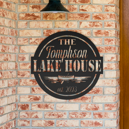 Personalized Metal Lake House Sign - Round Sign with Boat