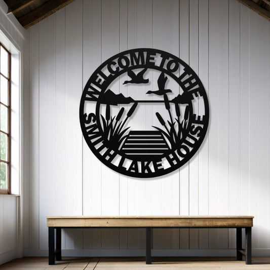 Personalized Metal Lake House Sign - Reeds and Ducks